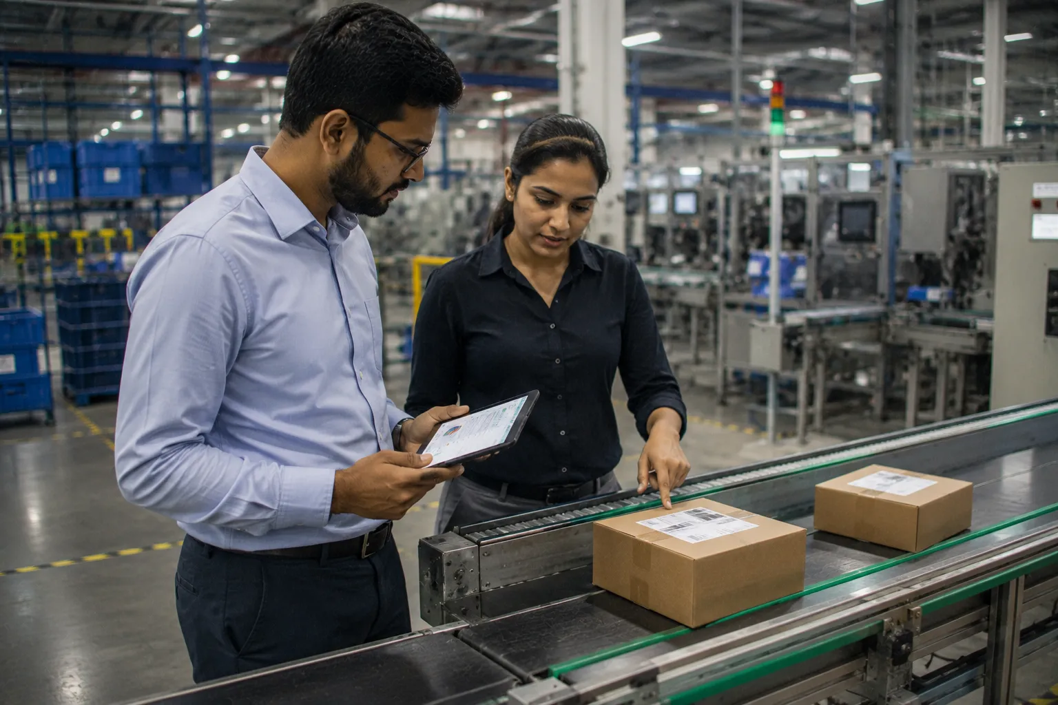Engineers reviewing live line data on a factory floor