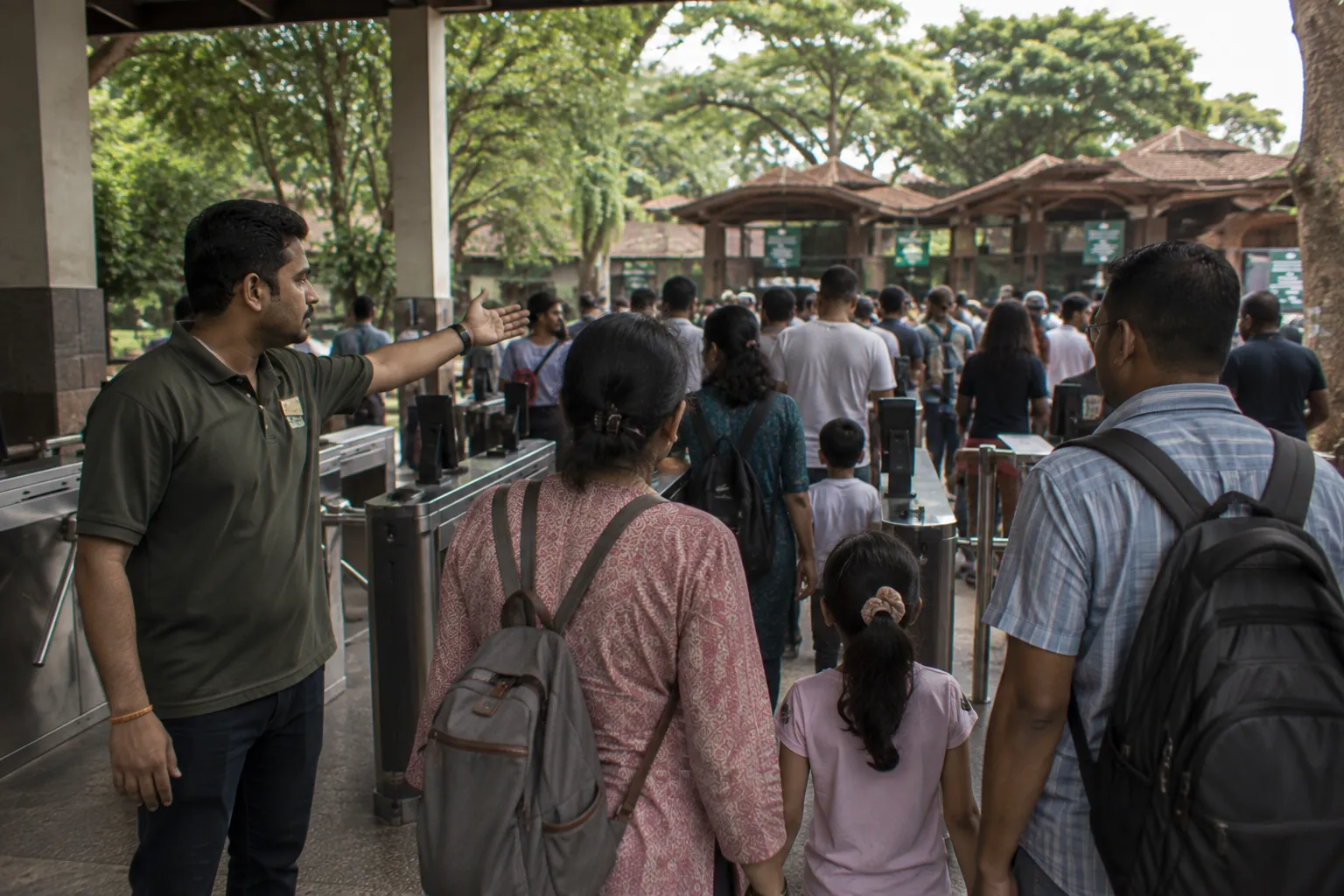 Staff directing a queue of visitors at a busy entrance