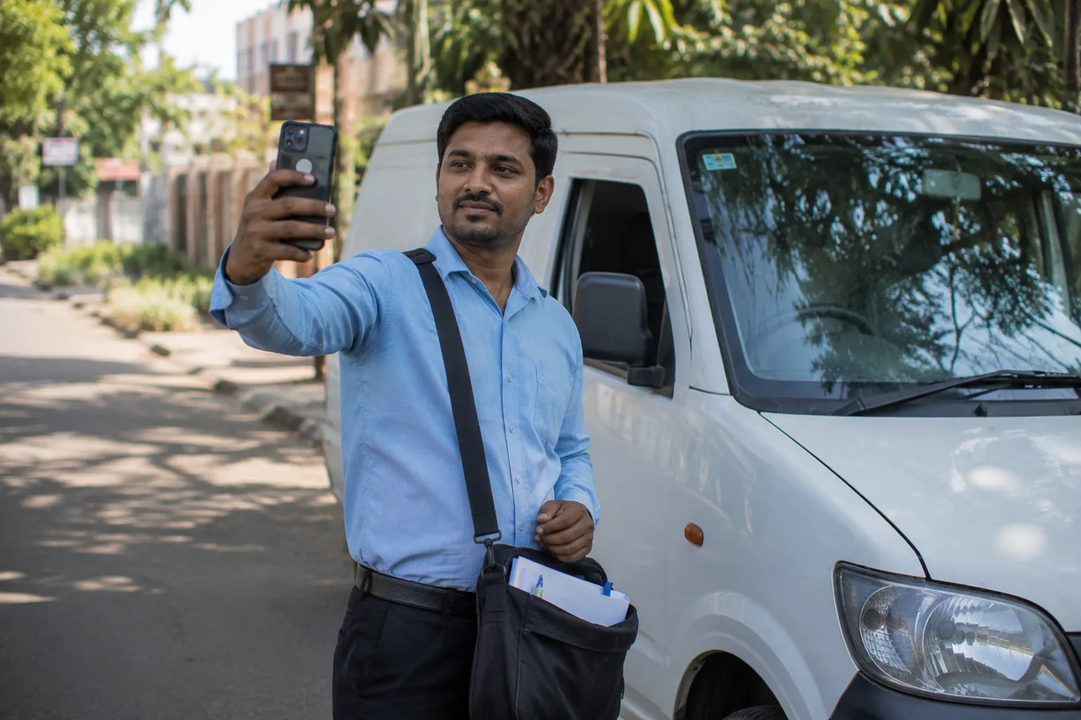 Field employee marking a geo-tagged selfie attendance on a phone outdoors