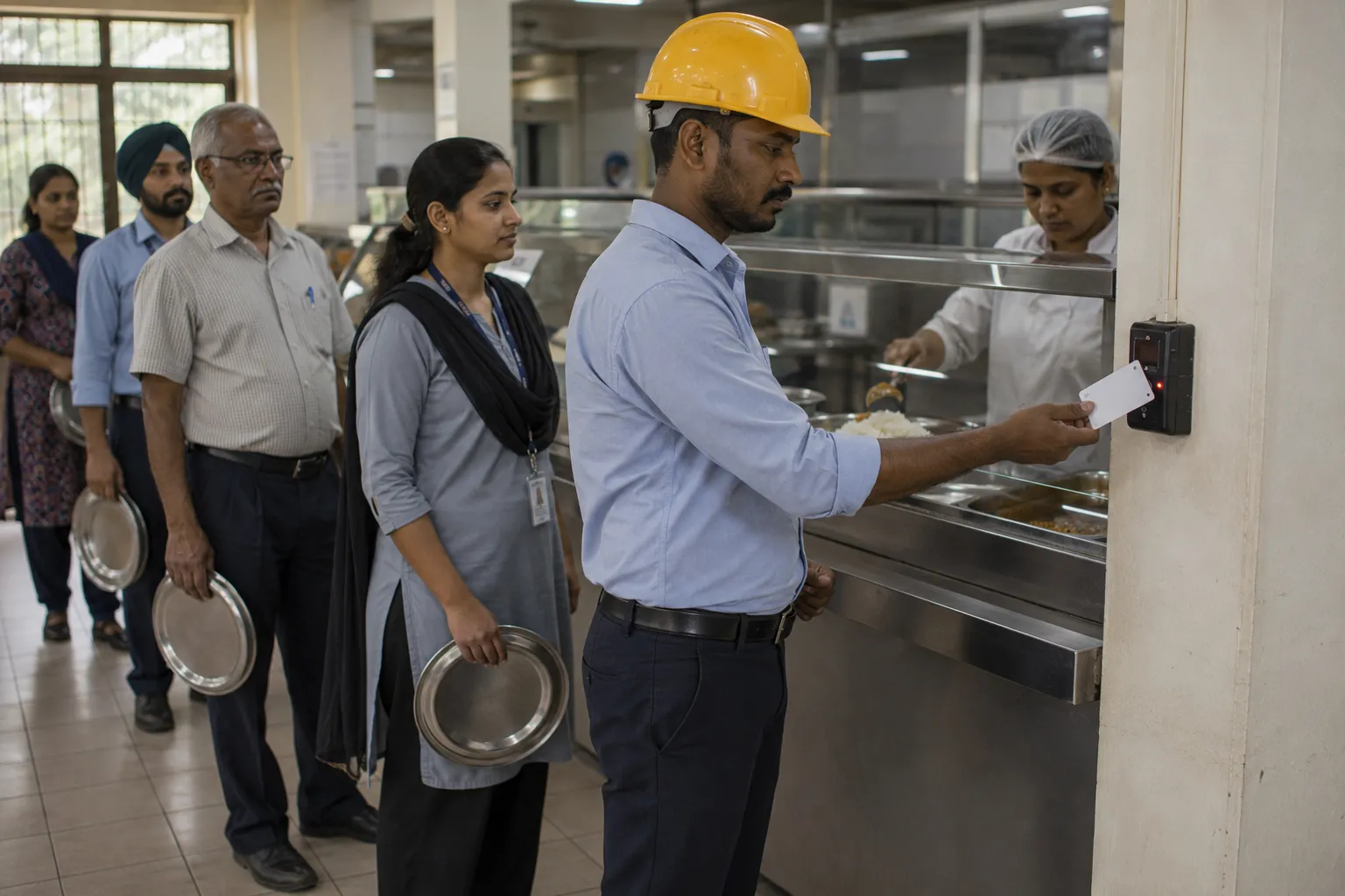 Employee tapping the canteen access reader before a meal counter