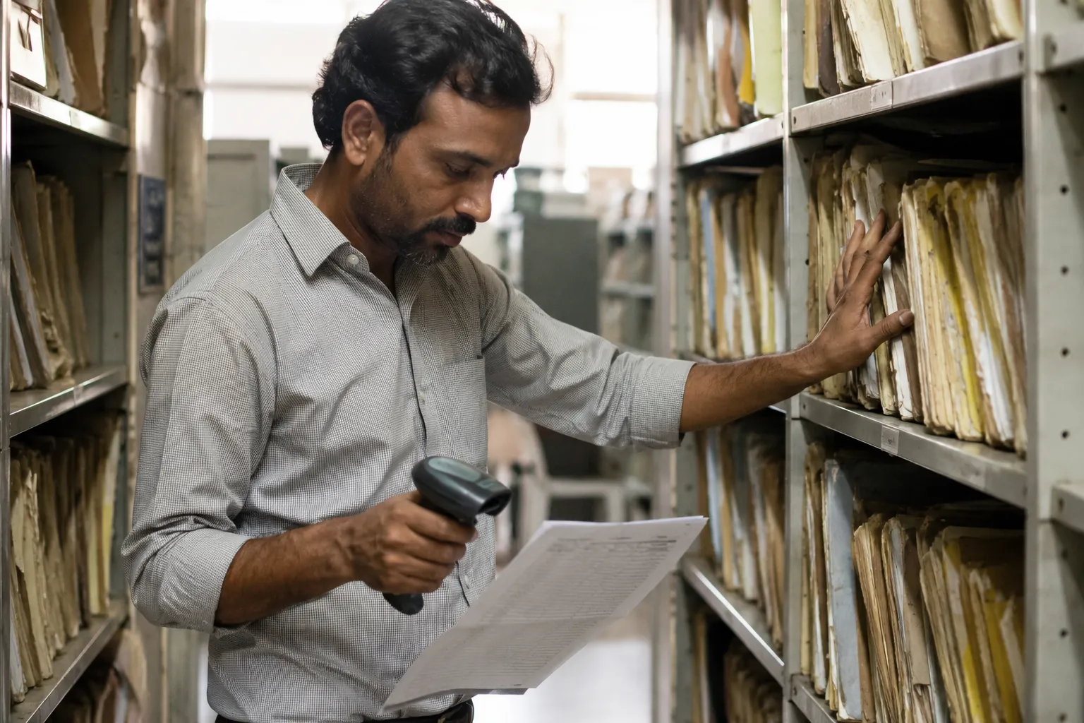 Records clerk searching a shelf of files against a handheld scanner list