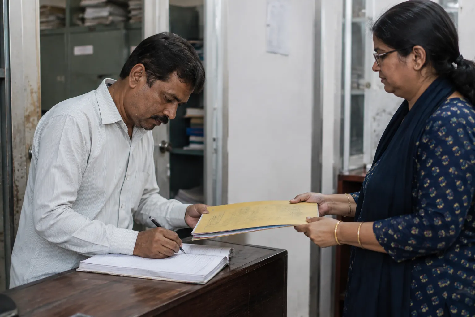 Office worker signing a file out at a check-out desk logbook