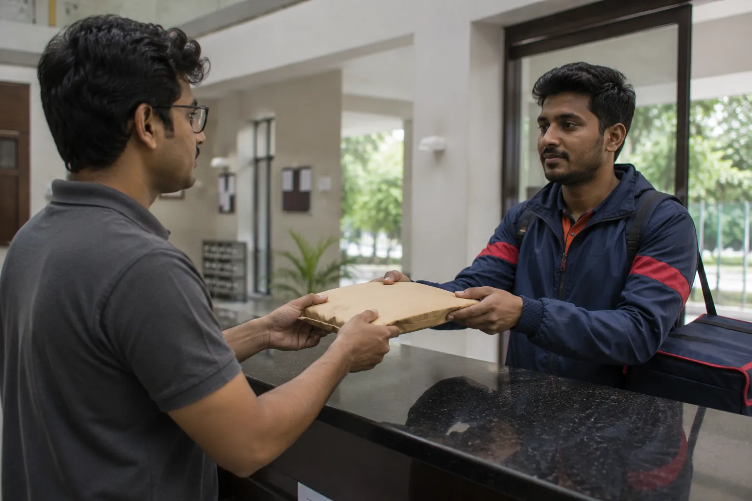 Returned book being handed over at a courier counter