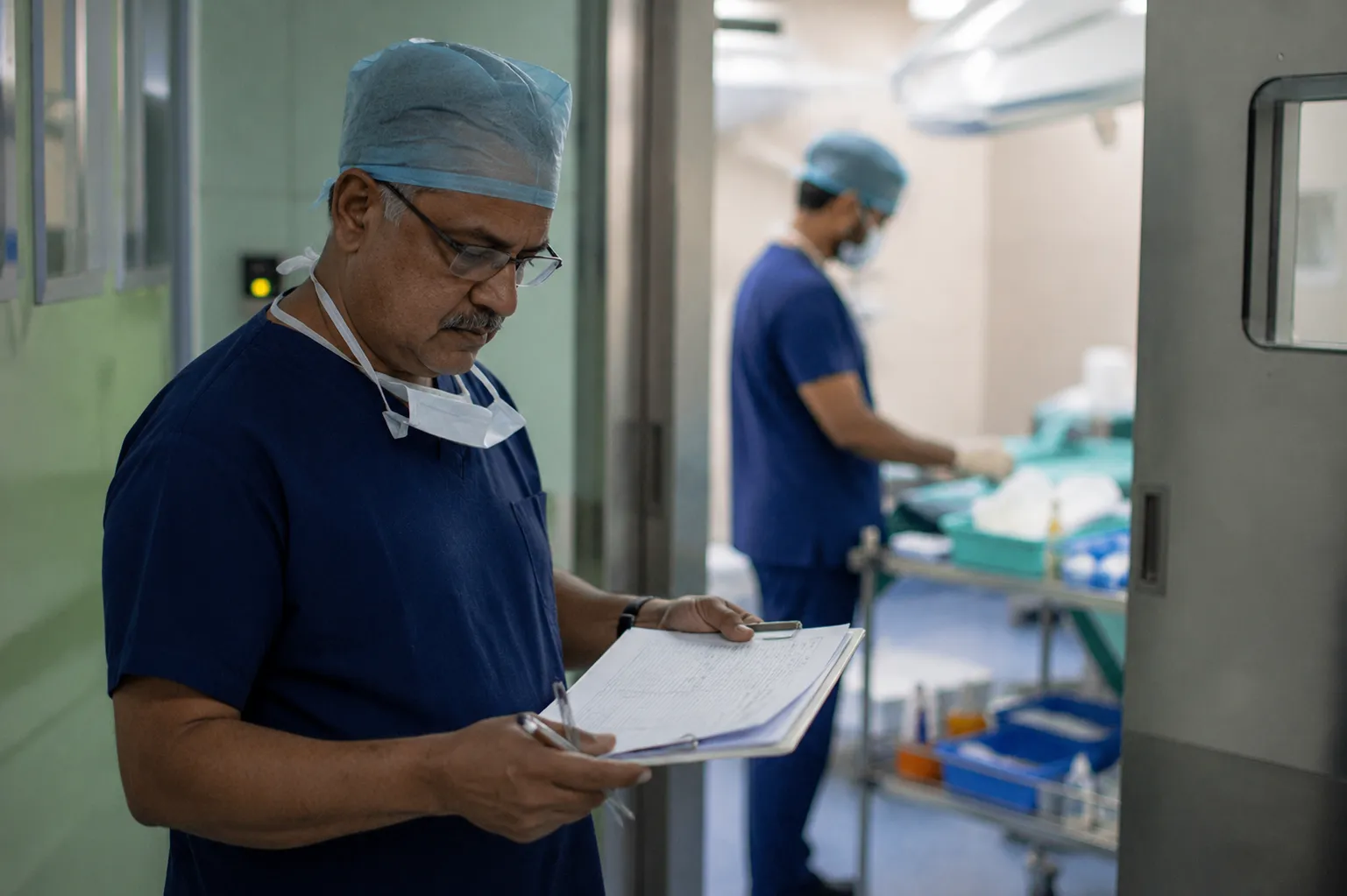 OT team head reviewing a stage-approval printout before surgery