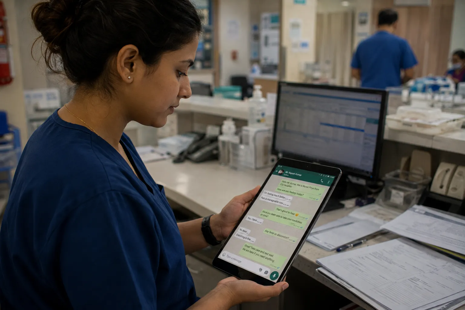 Nurse checking a post-operative WhatsApp follow-up on a tablet
