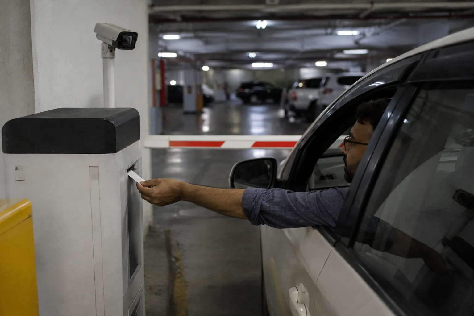 Camera capturing a photo of a car as it enters the parking barrier