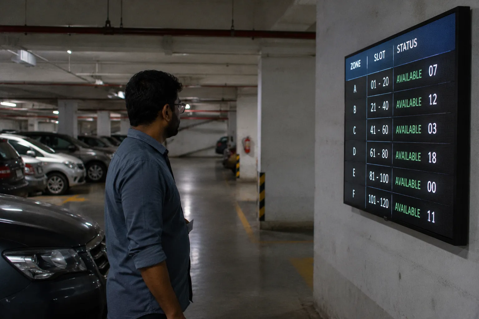 Driver checking a kiosk screen to find their parking zone