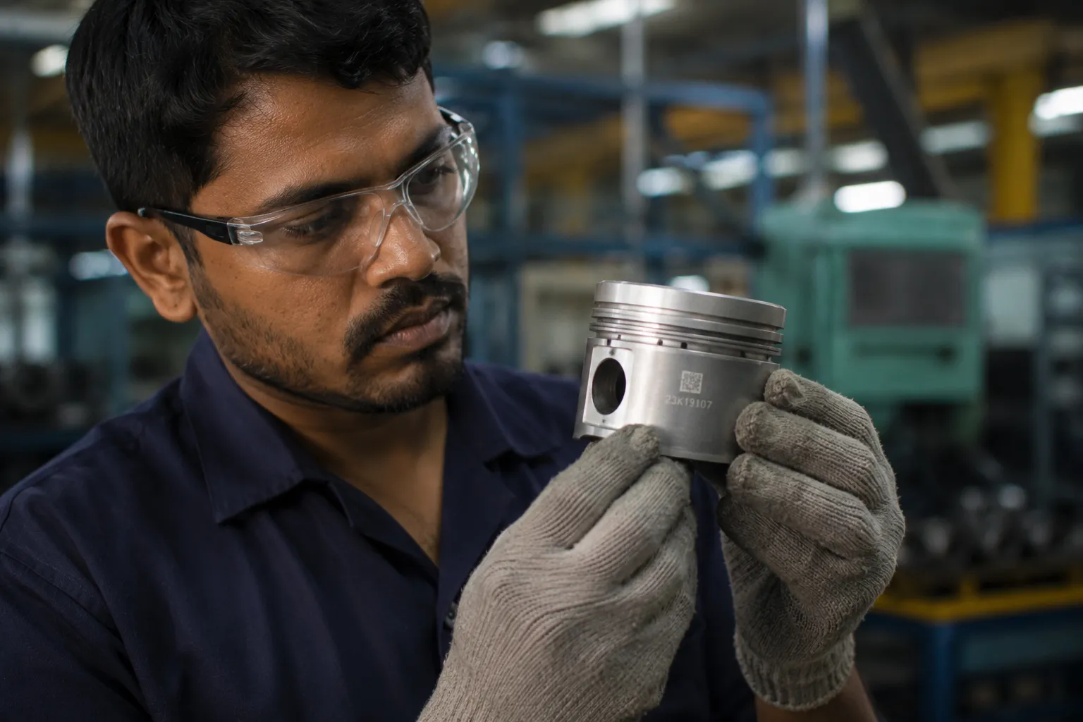 Technician inspecting a Direct Part Marking code on an engine component