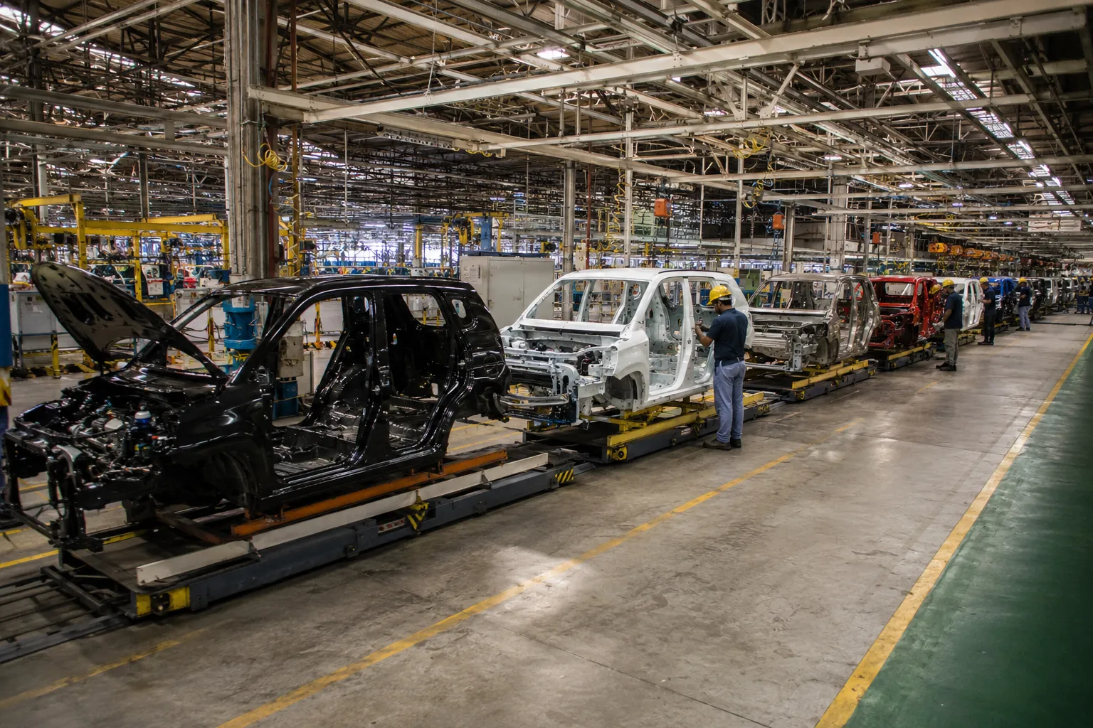 Multi-model assembly line with different vehicle variants moving down the line