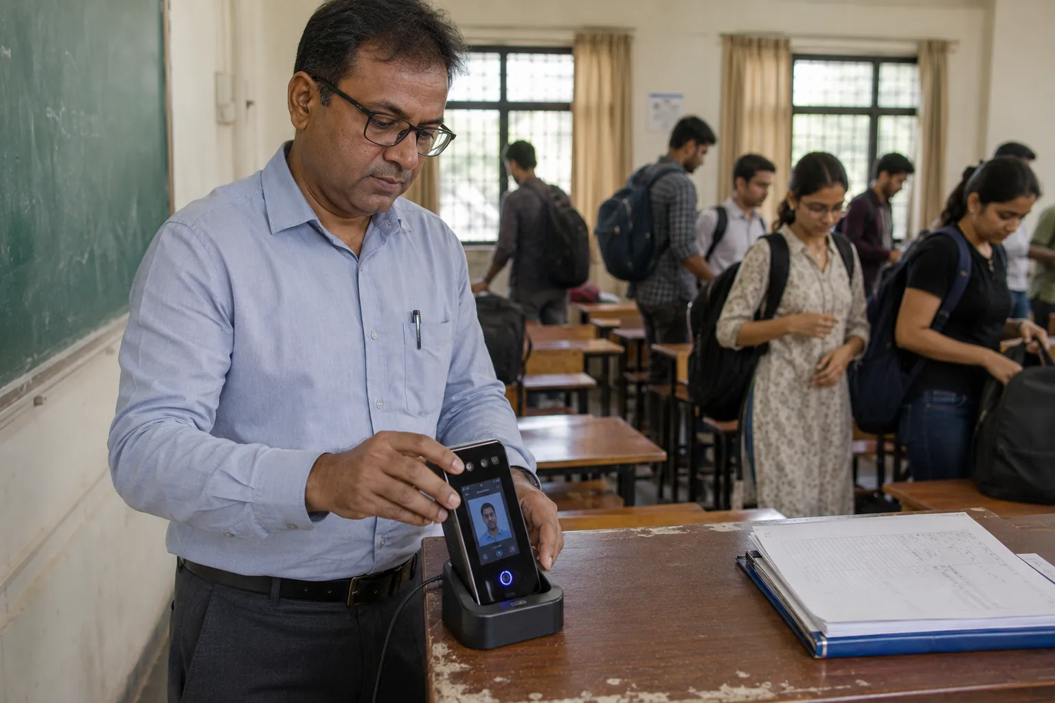 Professor returning the portable attendance device to its charging dock
