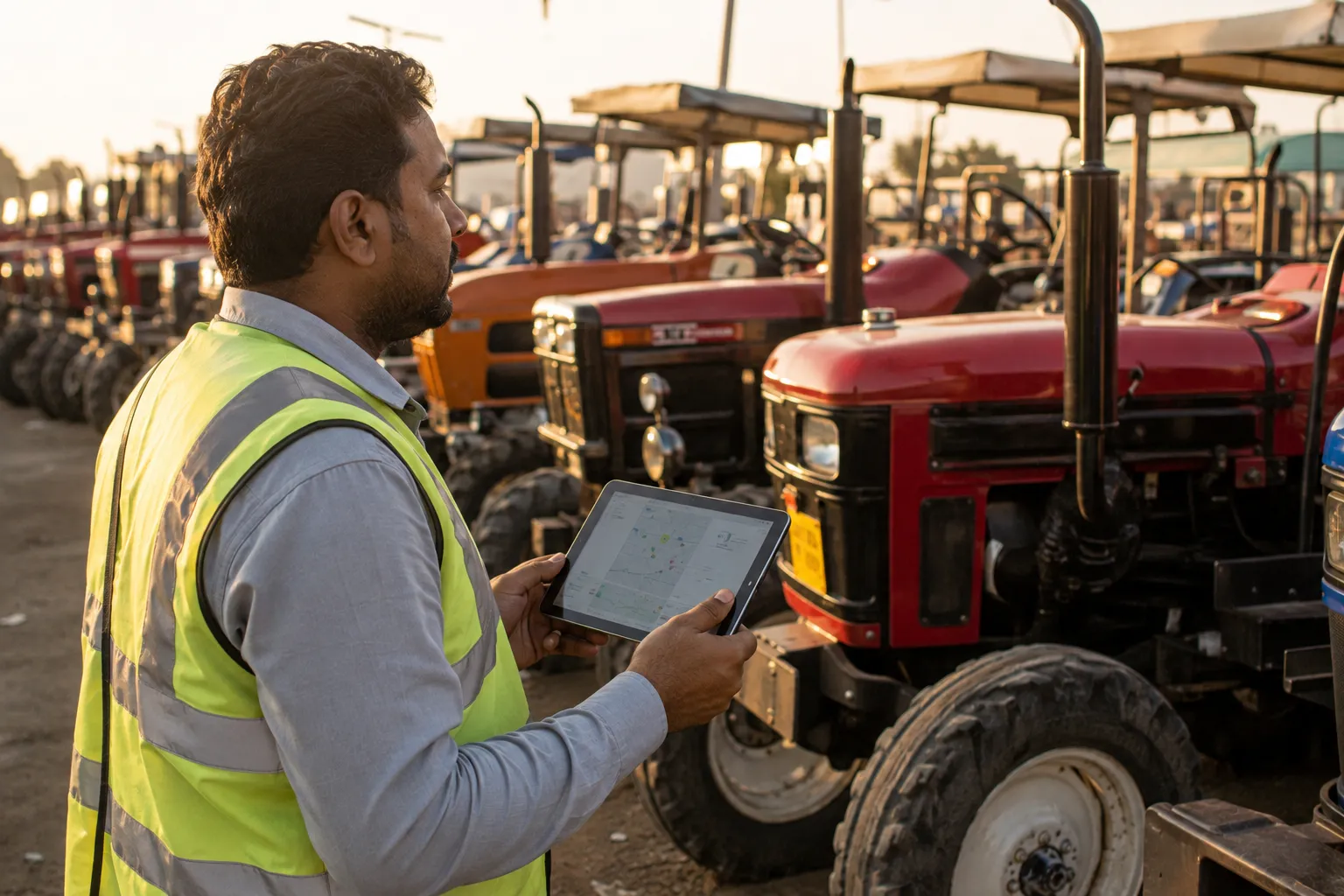 Yard supervisor cross-checking vehicle slot positions against a tablet